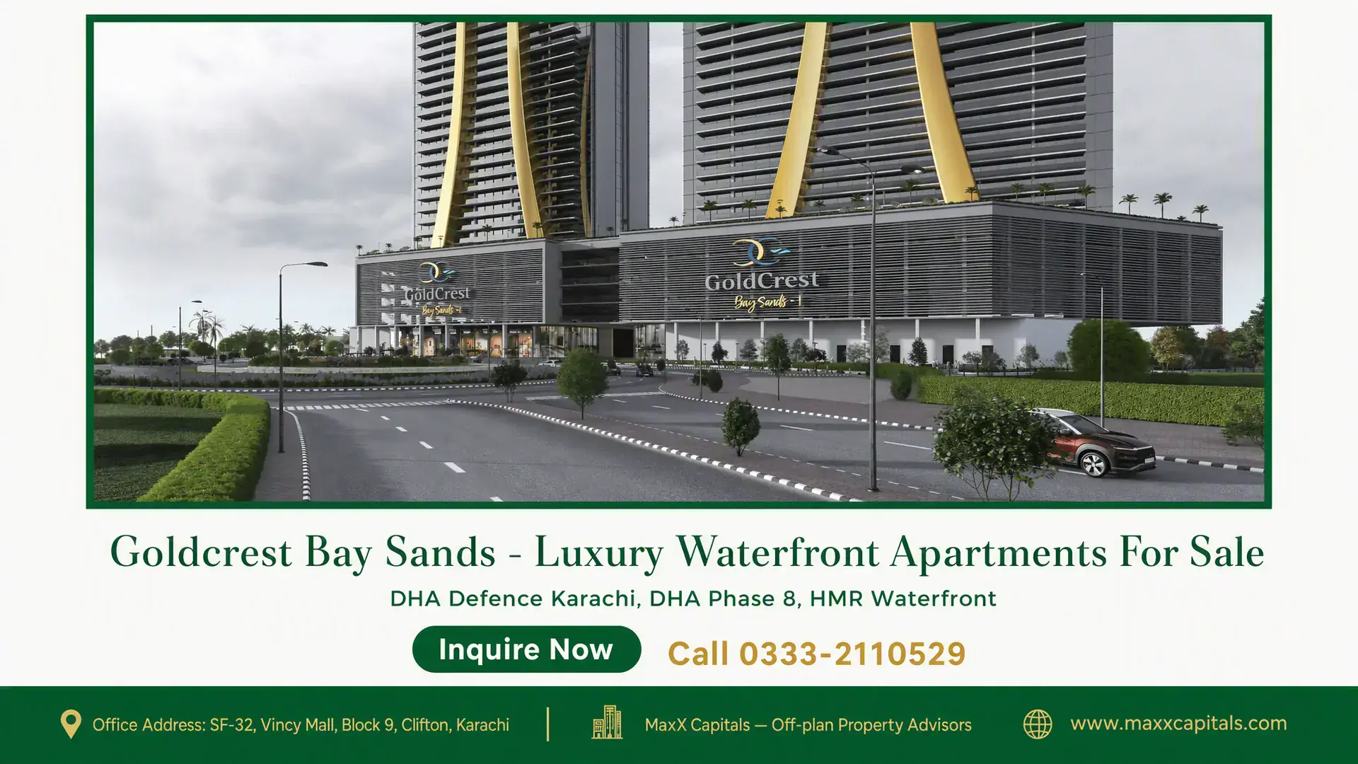 Goldcrest Bay Sands – Luxury Waterfront Apartments For Sale Modern high-rise apartment towers with unique golden accents, situated in a lush landscaped area of Goldcrest Bay Sands.
