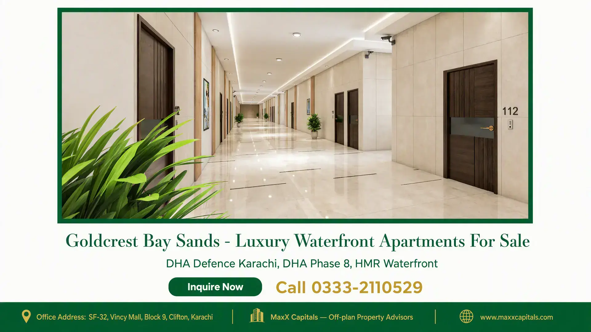 Goldcrest Bay Sands – Luxury Waterfront Apartments For Sale Luxurious apartment corridor with wood-accented doors, polished marble floors, and modern recessed lighting at Goldcrest Bay