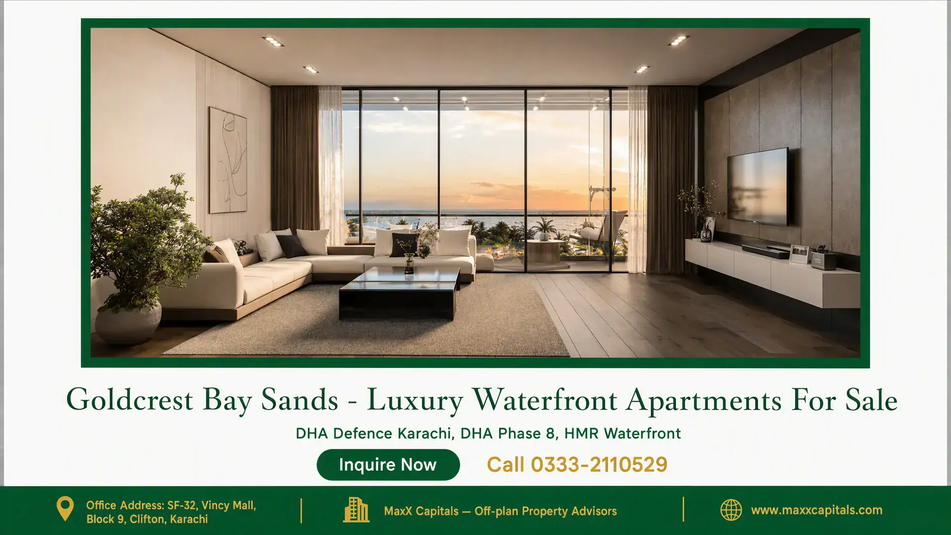 Goldcrest Bay Sands – Luxury Waterfront Apartments For Sale Spacious living room with modern furnishings, floor-to-ceiling glass windows, and panoramic waterfront views at Goldcrest Bay