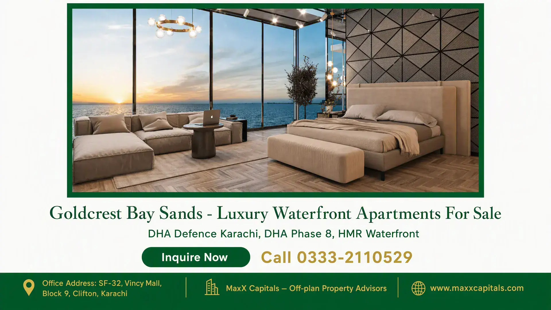 Goldcrest Bay Sands – Luxury Waterfront Apartments For Sale Luxurious waterfront apartment living room with panoramic ocean views, modern furnishings, and elegant wooden flooring at Gol