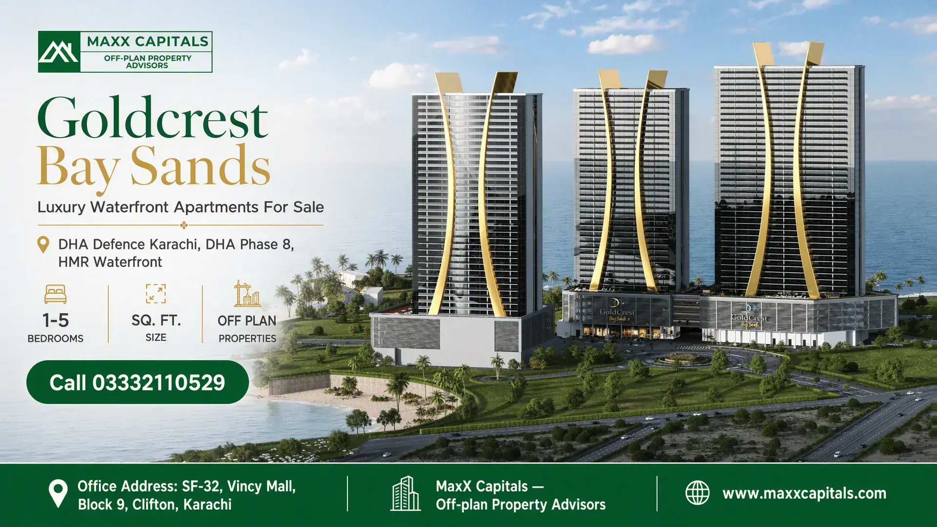 Goldcrest Bay Sands – Luxury Waterfront Apartments For Sale Three contemporary high-rise towers with sleek glass facades and gold architectural accents overlooking a waterfront at Goldc