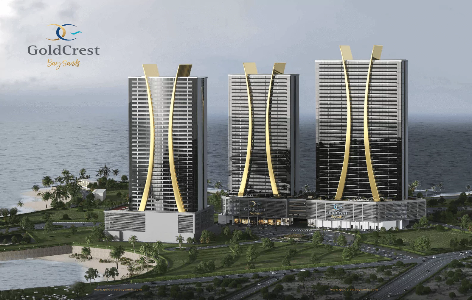 3 Towers View of Goldcrest Bay sand at HMR Waterfront Apartments For Sale In DHA Phase 8 Karachi Three modern Goldcrest Bay Sands towers with golden curved accents overlooking waterfront beach and sea