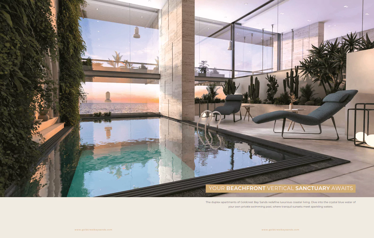 Duplex Apartment View In Goldcrest Bay sand at HMR Waterfront Apartments For Sale In DHA Phase 8 Karachi Infinity pool terrace at Goldcrest Bay Sands luxury waterfront apartments with sunset ocean view, lounge chairs and lush plan