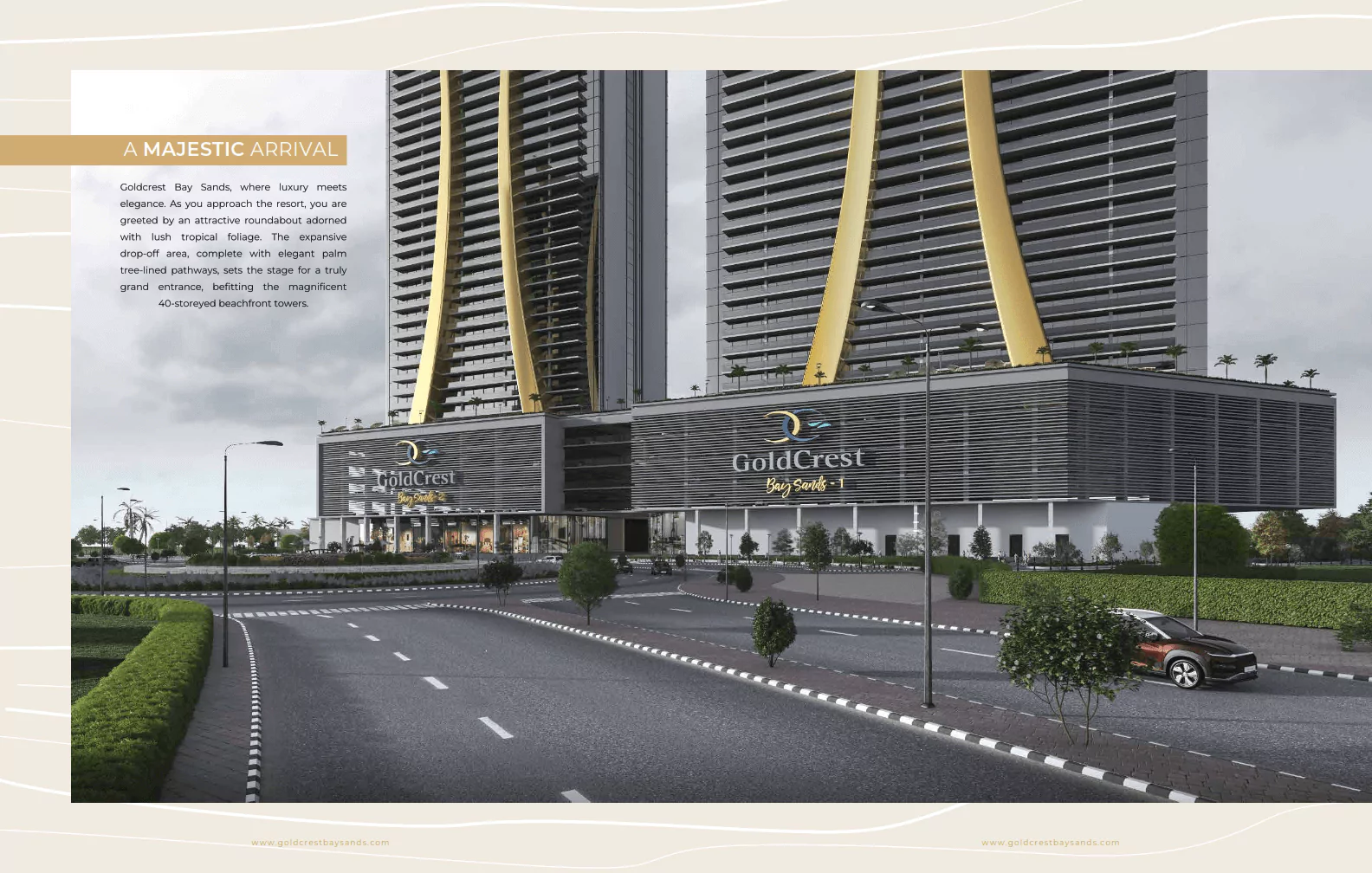 Front Elevation View Of Goldcrest Bay sand at HMR Waterfront Apartments For Sale In DHA Phase 8 Karachi Goldcrest Bay Sands luxury waterfront apartment towers with golden curved arches, landscaped entrance, driveway and signage