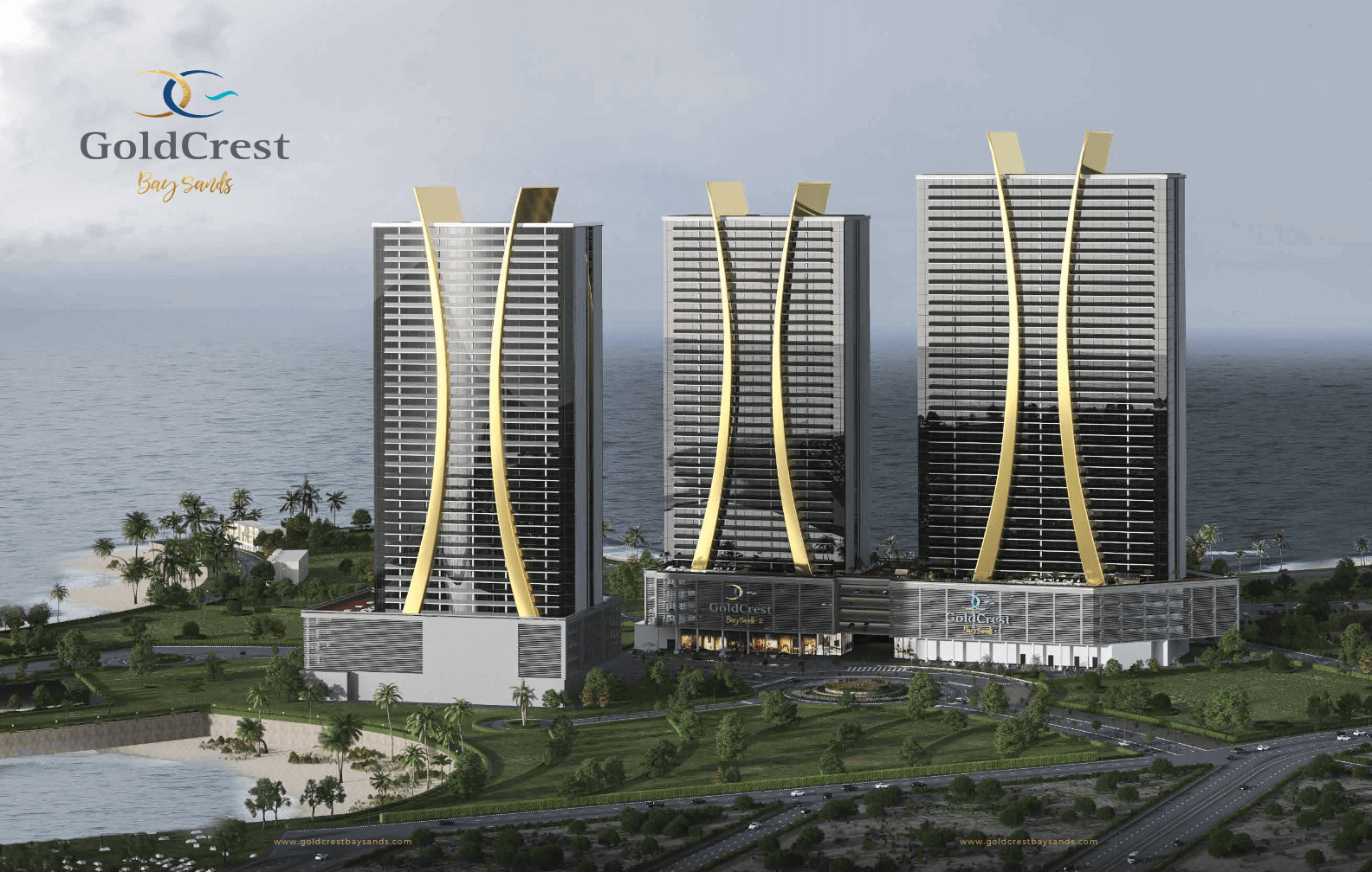 Three curved high-rise towers of Goldcrest Bay Sands with gold accents on waterfront overlooking sea and beach