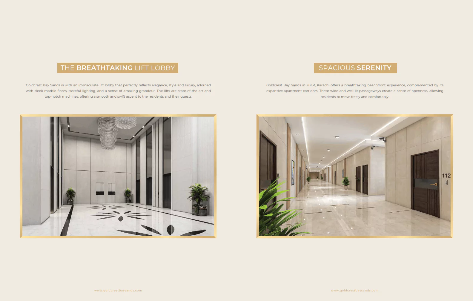 Lift Lobby View In Goldcrest Bay sand at HMR Waterfront Apartments For Sale In DHA Phase 8 Karachi Breathtaking lobby with elevator, marble flooring and plants, spacious corridor at Goldcrest Bay Sands luxury waterfront apar