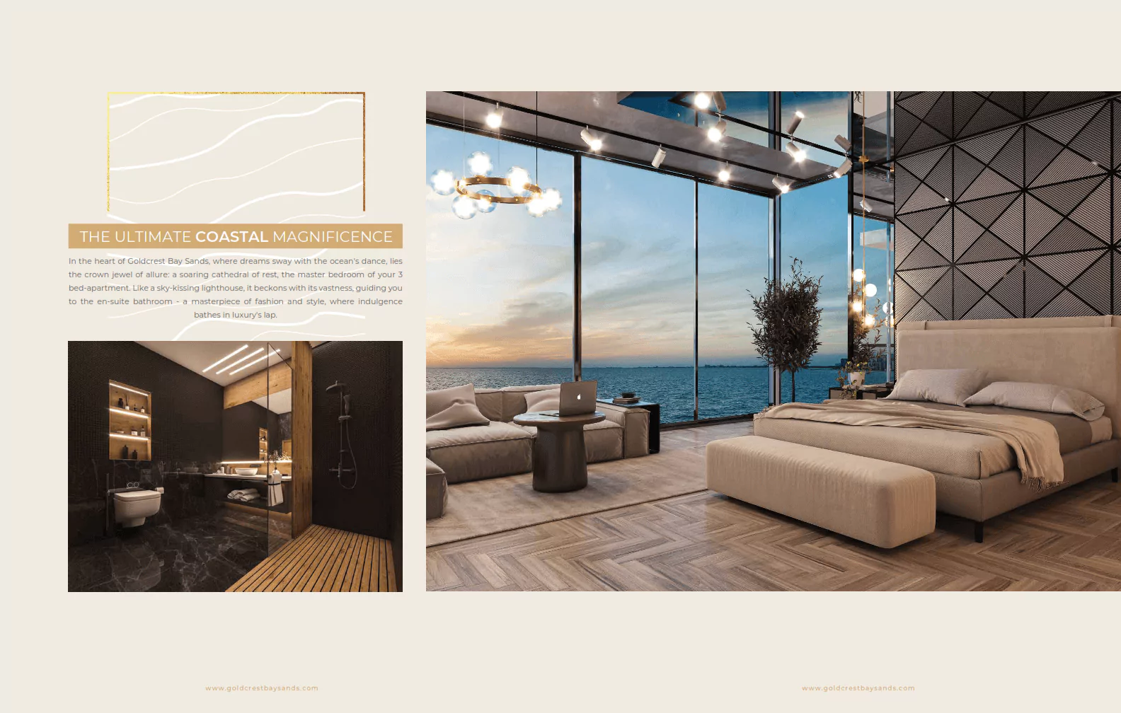 Lounge View View In Goldcrest Bay sand at HMR Waterfront Apartments For Sale In DHA Phase 8 Karachi Luxury bedroom in Goldcrest Bay Sands with sea view through floor-to-ceiling windows, king bed, wooden floors, modern bathroo