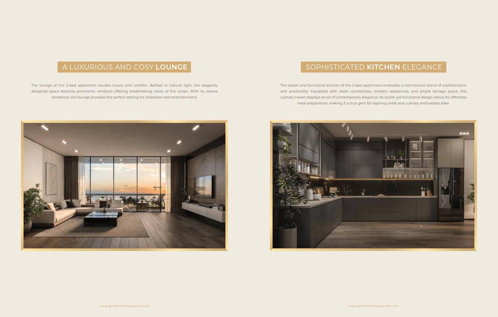 Lounge and Kitchen View In Goldcrest Bay sand at HMR Waterfront Apartments For Sale In DHA Phase 8 Karachi Luxurious lounge with sunset waterfront view, wooden floors, plants and sophisticated kitchen in Goldcrest Bay Sands apartmen