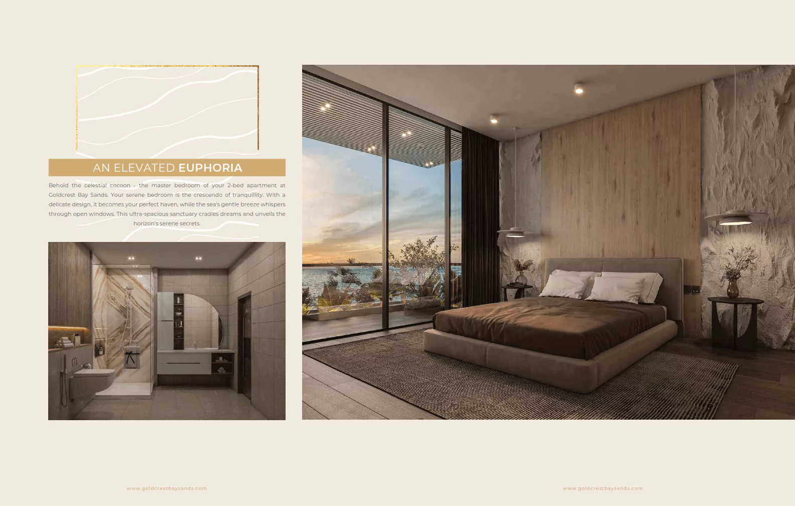 Master Bedroom Style View In Goldcrest Bay sand at HMR Waterfront Apartments For Sale In DHA Phase 8 Karachi Luxury bedroom in Goldcrest Bay Sands waterfront apartment with floor-to-ceiling windows showing bay sunset, wooden walls, ki
