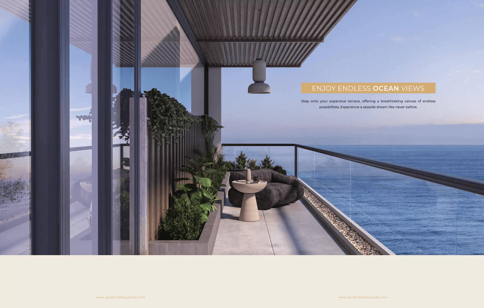 Ocean View View From Goldcrest Bay sand at HMR Waterfront Apartments For Sale In DHA Phase 8 Karachi Goldcrest Bay Sands luxury waterfront apartment balcony with endless ocean views, glass railings, plants, and modern seating