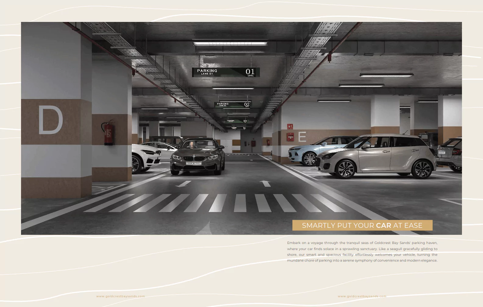 Parking Space View In Goldcrest Bay sand at HMR Waterfront Apartments For Sale In DHA Phase 8 Karachi Spacious underground parking garage at Goldcrest Bay Sands with parked cars, numbered zones, pedestrian crossing and modern l