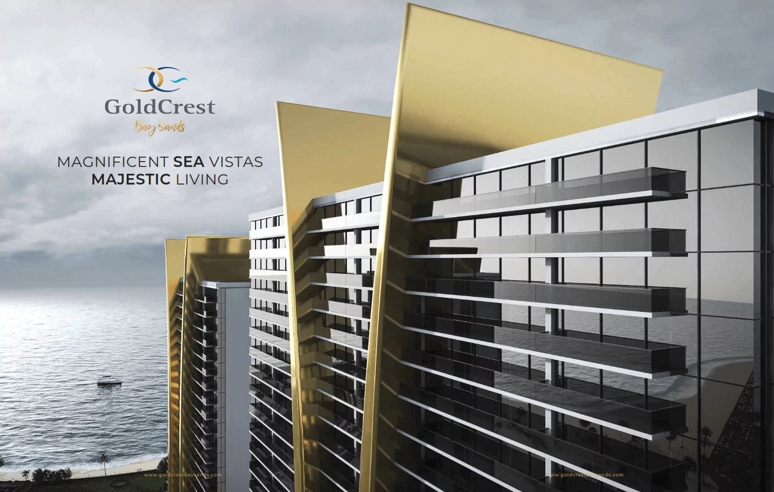 Sea Facing Elevation View In Goldcrest Bay sands at HMR Waterfront Apartments For Sale In DHA Phase 8 Karachi Goldcrest Bay Sands luxury waterfront apartments with modern gold-accented glass towers and majestic sea vistas