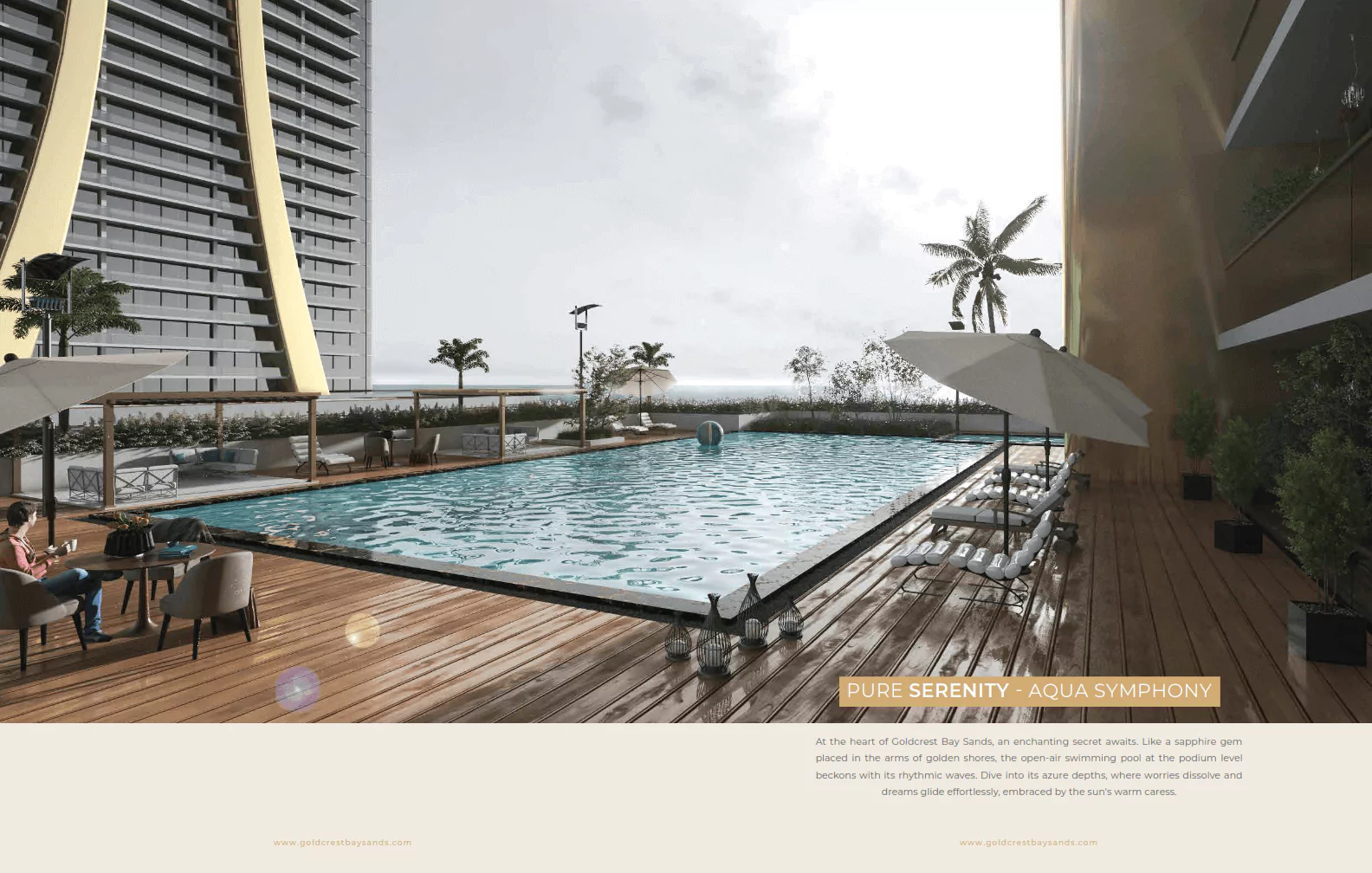 Swimming Pool View View In Goldcrest Bay sand at HMR Waterfront Apartments For Sale In DHA Phase 8 Karachi Infinity pool at Goldcrest Bay Sands with waterfront views, palm trees, wooden deck loungers, umbrellas, and modern high-rise