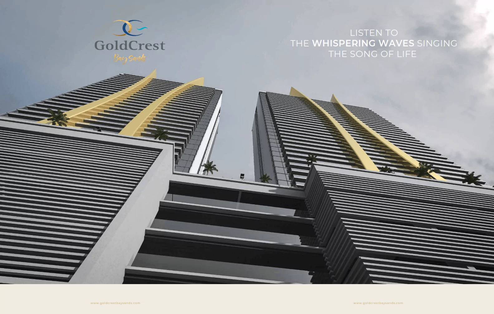 View Of Goldcrest Bay sand at HMR Waterfront Apartments For Sale In DHA Phase 8 Karachi Goldcrest Bay Sands luxury waterfront apartments towers with yellow curved accents, glass facades, palm trees, and cloudy sky