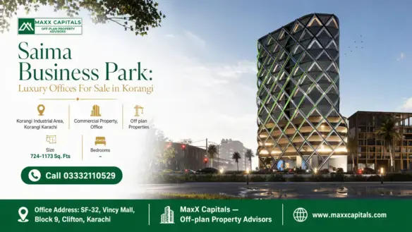 Modern Architectural Facade Of Saima Business Park In Korangi, Highlighted By Geometric Patterns And Evening Lighting.