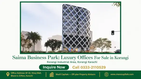 Modern commercial building with a diamond-patterned facade at Saima Business Park in Korangi, surrounded by palm trees and ur