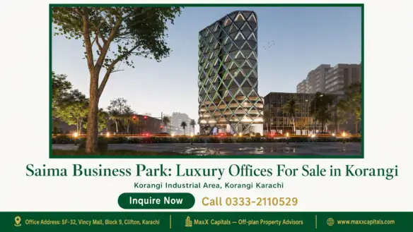 Modern architectural building with diamond-patterned facade at Saima Business Park, surrounded by trees in Korangi, Karachi.