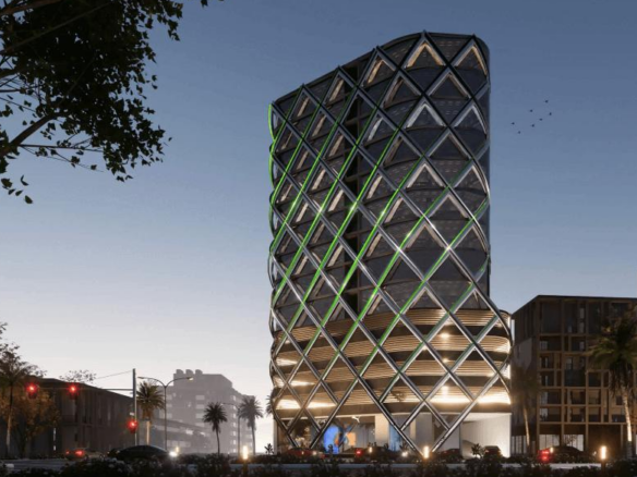 Modern High-Rise Tower With Glowing Green Geometric Lattice Facade At Dusk, Palm Trees, Urban Street And Adjacent Buildings