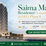 Saima Marina Residence, A Luxury High-Rise In Dha Phase 8, Karachi, With Waterfront Views And Modern Architectural Design.