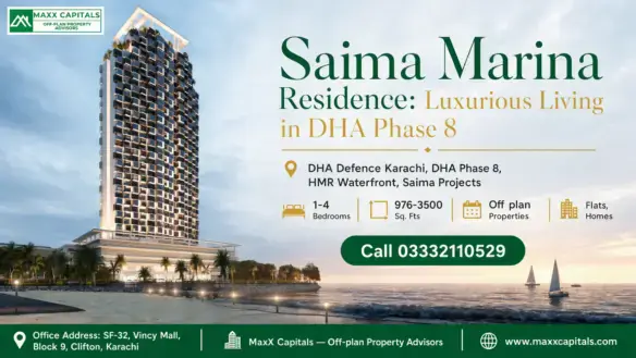 Saima Marina Residence, A Luxury High-Rise In Dha Phase 8, Karachi, With Waterfront Views And Modern Architectural Design.