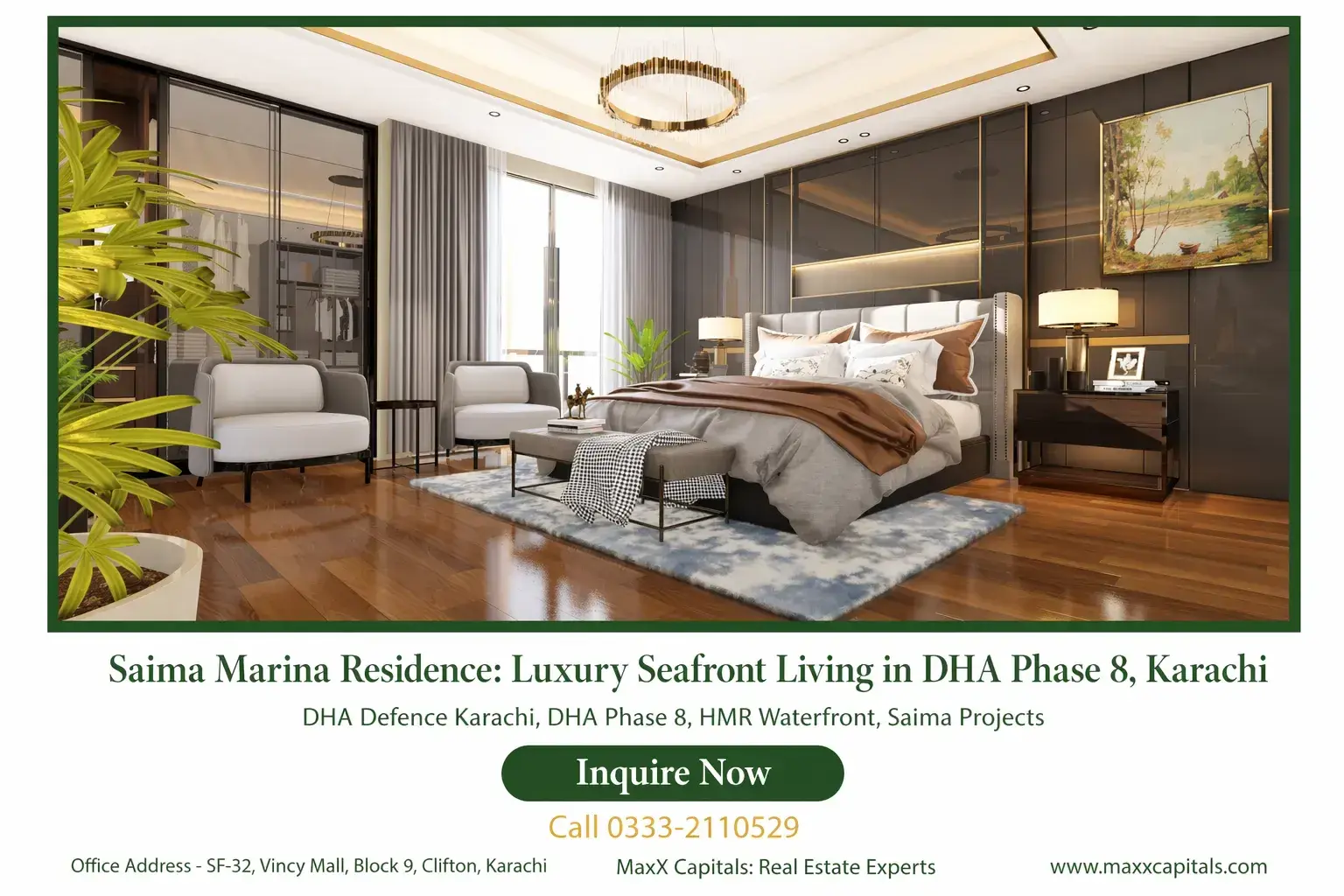 Saima Marina Residence: Luxurious Living in DHA Phase 8 Luxurious master bedroom with floor-to-ceiling windows, modern furnishings, hardwood floors, and ambient lighting at Saima Ma