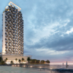 Saima Marina Residence High-Rise In Dha Phase 8 With Modern Wavy Facade, Balconies, Waterfront Beach, Palm Trees, Sailboats,