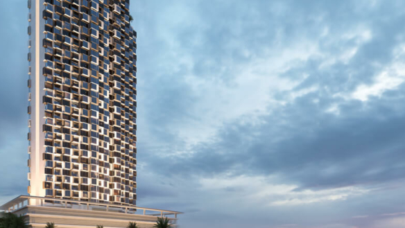 Saima Marina Residence High-Rise In Dha Phase 8 With Modern Wavy Facade, Balconies, Waterfront Beach, Palm Trees, Sailboats, 