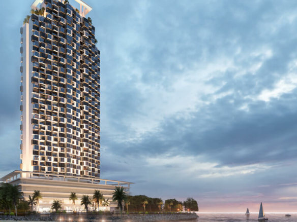 Saima Marina Residence High-Rise In Dha Phase 8 With Modern Wavy Facade, Balconies, Waterfront Beach, Palm Trees, Sailboats, 