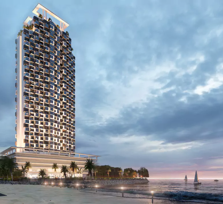 Saima Marina Residence at HMR Waterfront Luxury Flats & Penthouses for sale In DHA Phase 8 Karachi (1) Saima Marina Residence high-rise in DHA Phase 8, modern angular facade with balconies, beachfront palms, marina sailboats at