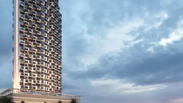 Saima Marina Residence in DHA Phase 8: modern high-rise facade with green balconies, palm-lined plaza, benches, umbrellas, re