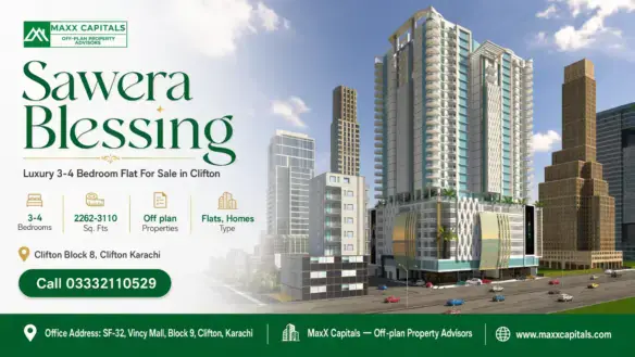 High-Rise Luxury Apartment Building Sawera Blessing In Clifton, Featuring Modern Architecture And Off-Plan Investment Options