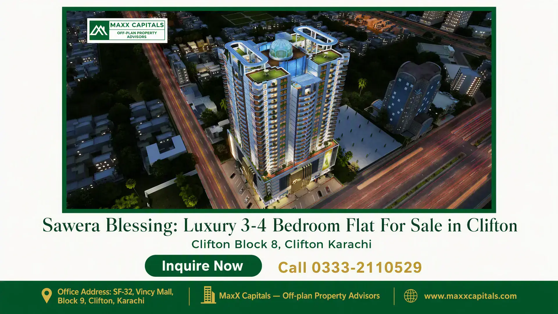 Sawera Blessing: Luxury 3-4 Bedroom Flat For Sale in Clifton Aerial view of Sawera Blessing, a modern high-rise building with rooftop gardens and illuminated contemporary design in Clift