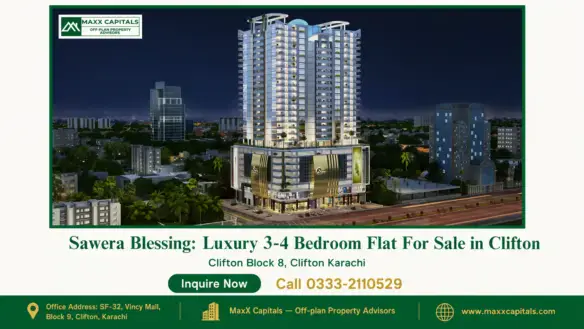 Modern high-rise building, Sawera Blessing, illuminated at night with lush greenery and a busy street in Clifton, Karachi.