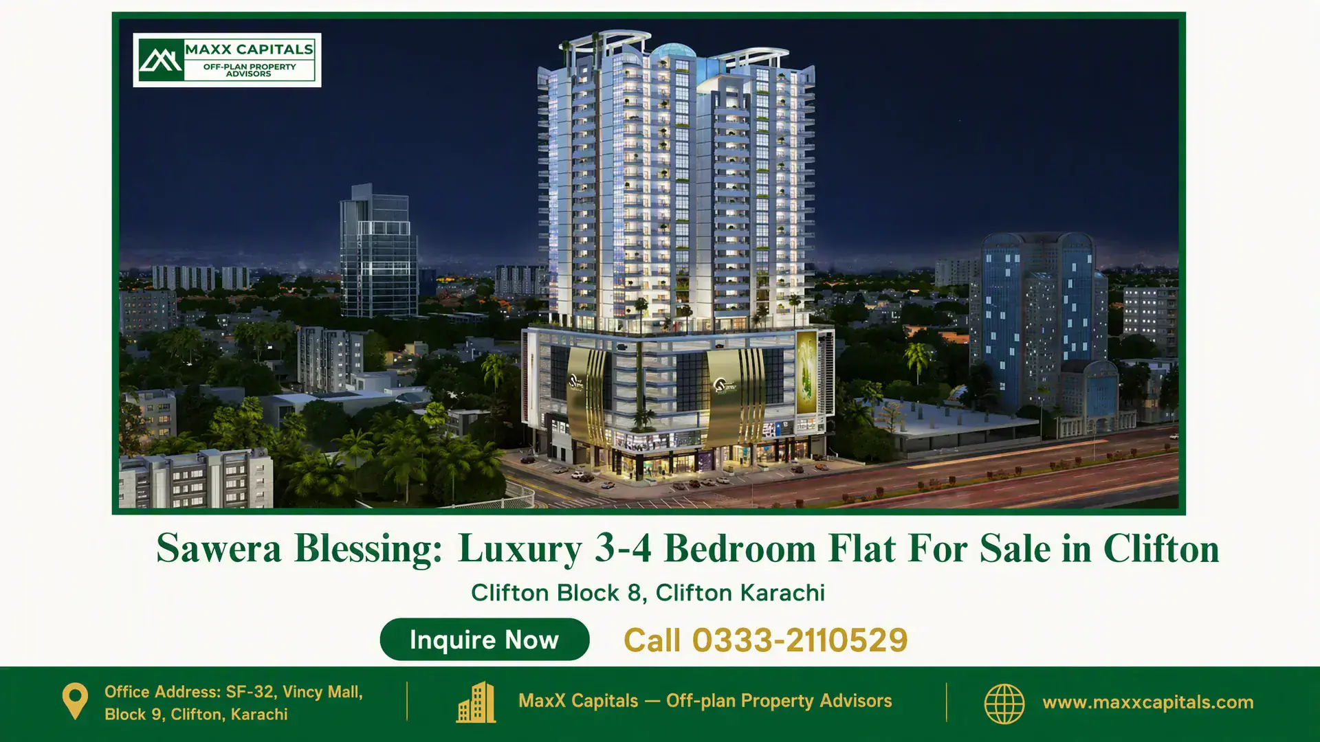 Sawera Blessing: Luxury 3-4 Bedroom Flat For Sale in Clifton Modern high-rise building, Sawera Blessing, illuminated at night with lush greenery and a busy street in Clifton, Karachi.