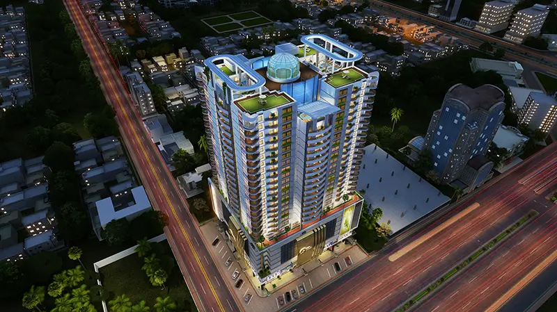 Sawera Blessing Luxury 3-4 Bedroom Flat For Sale in Block 8 Clifton Karachi (2) Aerial view of Sawera Blessing luxury high-rise in Clifton with multi-tower design, green rooftops, central dome, balconies,
