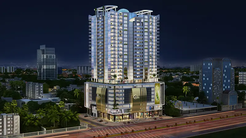 Sawera Blessing Luxury 3-4 Bedroom Flat For Sale in Block 8 Clifton Karachi (3) Sawera Blessing luxury high-rise in Clifton at night, modern tower with glass facades, balconies, and city skyline