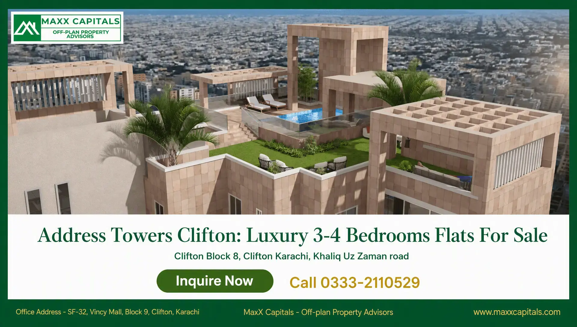 Address Towers Clifton: Luxury 3-4 Bedrooms Flats For Sale Address Towers Clifton rooftop terrace with pool, landscaped decks, and pergola views over Karachi skyline