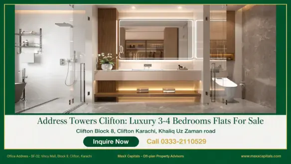 Address Towers Clifton luxury bathroom with glass shower, double vanity and marble finishes