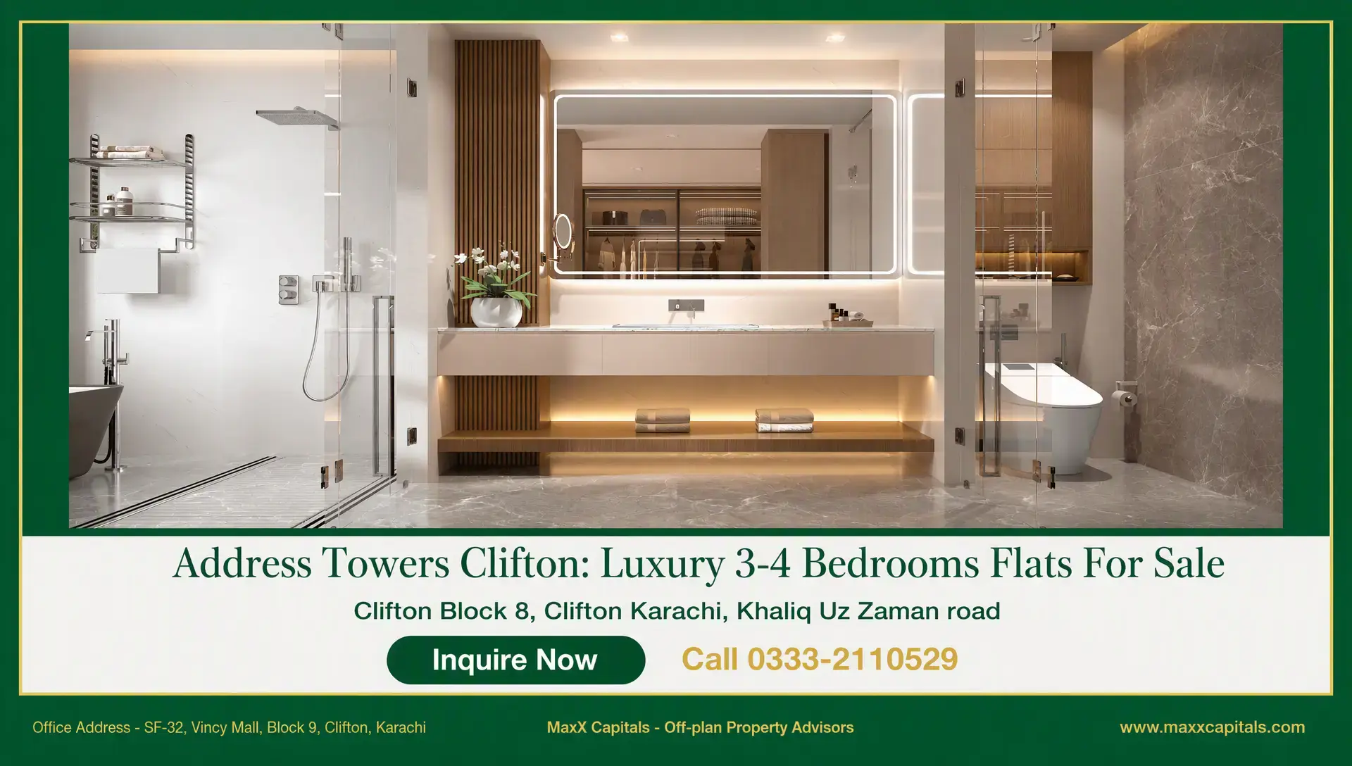 Address Towers Clifton: Luxury 3-4 Bedrooms Flats For Sale Address Towers Clifton luxury bathroom with glass shower, double vanity and marble finishes