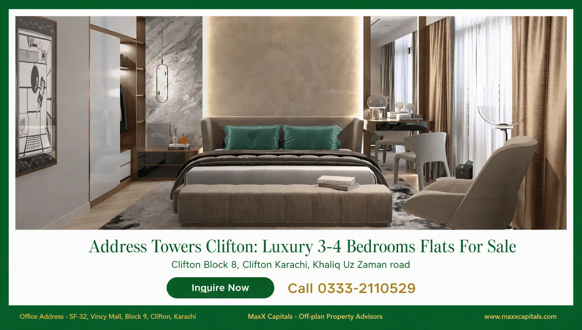 Address Towers Clifton: Luxury 3-4 Bedrooms Flats For Sale Address Towers Clifton bedroom suite with upholstered bed, warm backlit wall, and floor-to-ceiling windows