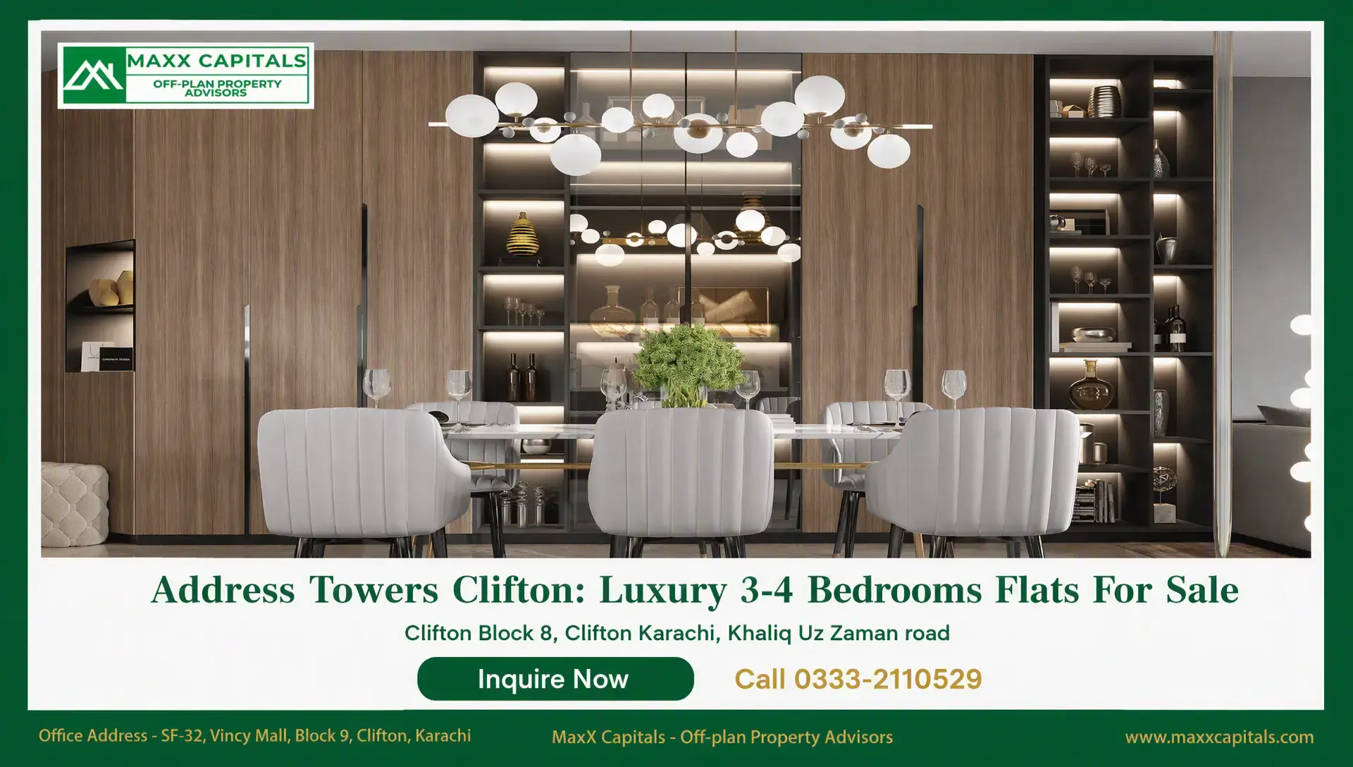 Address Towers Clifton: Luxury 3-4 Bedrooms Flats For Sale Address Towers Clifton dining room with wood paneling, built-in shelving, and designer pendant lighting
