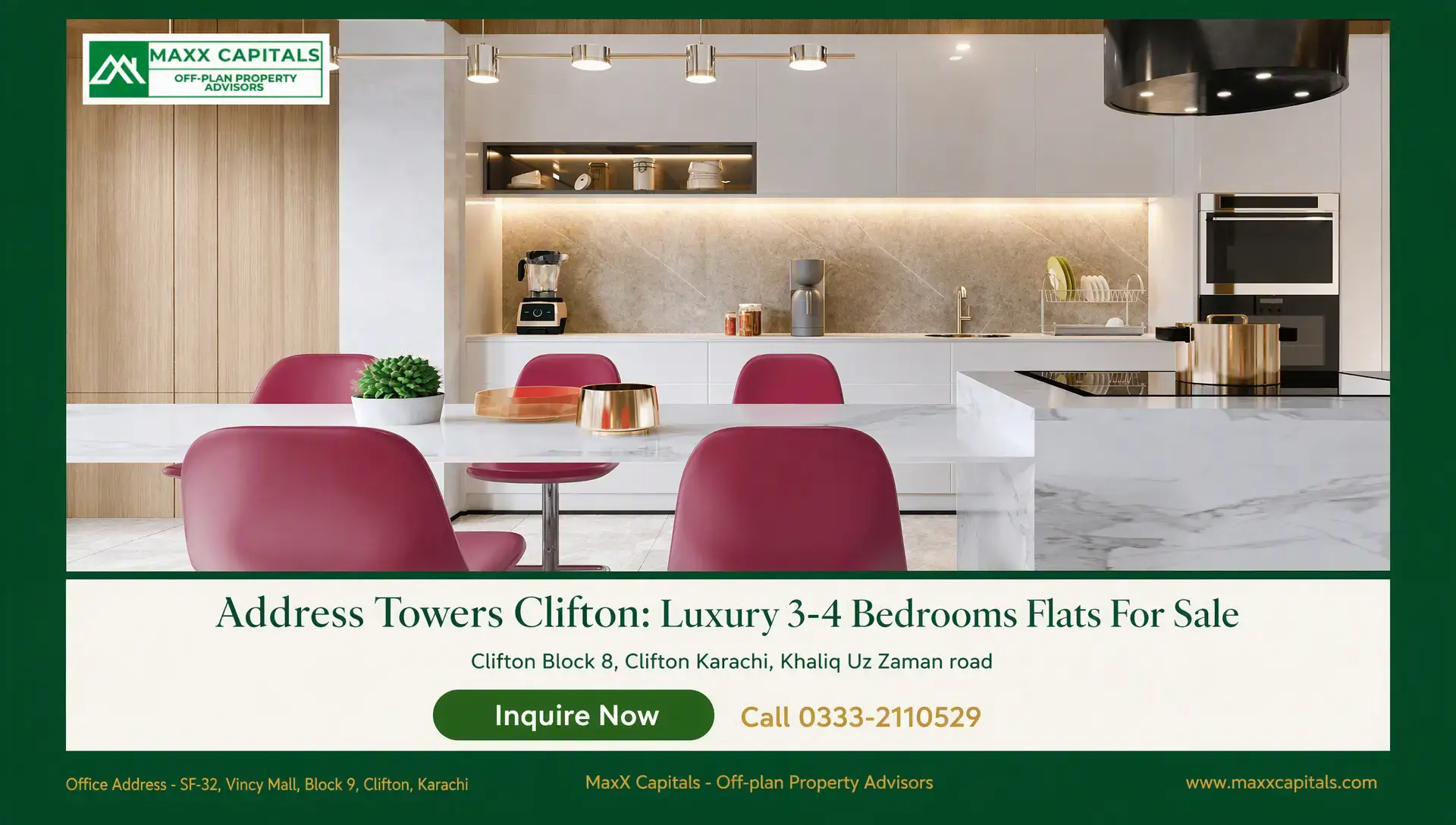 Address Towers Clifton: Luxury 3-4 Bedrooms Flats For Sale Address Towers Clifton kitchen with marble island, sleek cabinetry, warm lighting and pink dining chairs
