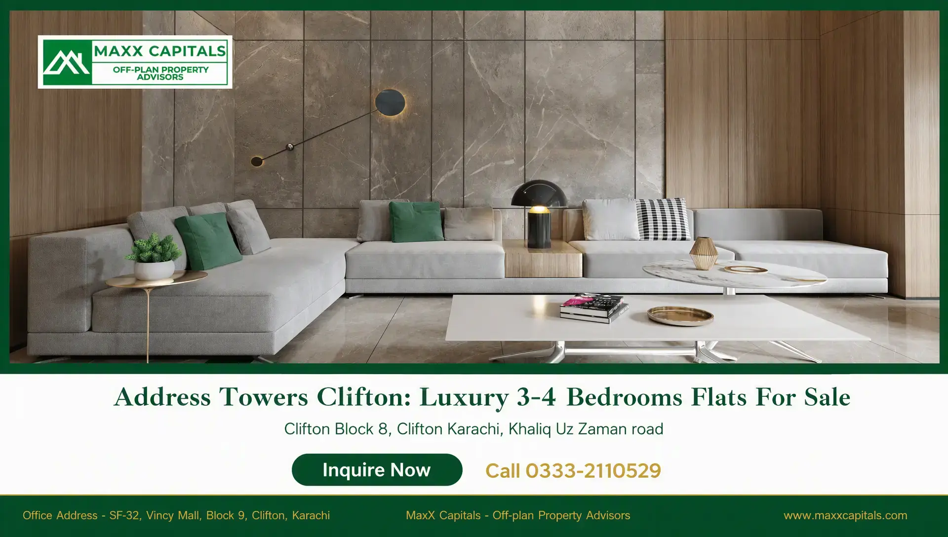 Address Towers Clifton: Luxury 3-4 Bedrooms Flats For Sale Address Towers Clifton lounge with L-shaped sectional, marble feature wall, and warm wood paneling