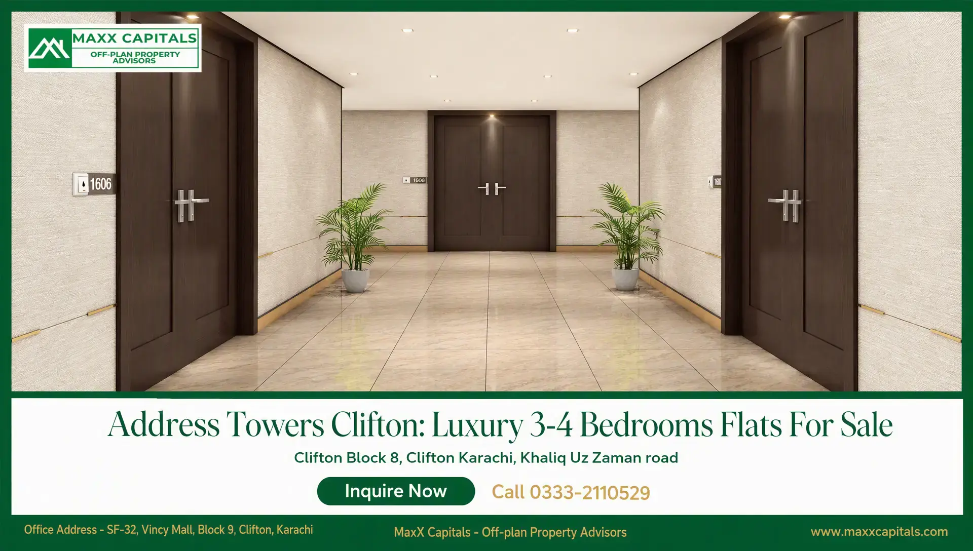 Address Towers Clifton: Luxury 3-4 Bedrooms Flats For Sale Address Towers Clifton corridor with dark wood apartment doors, recessed lighting, and polished marble flooring