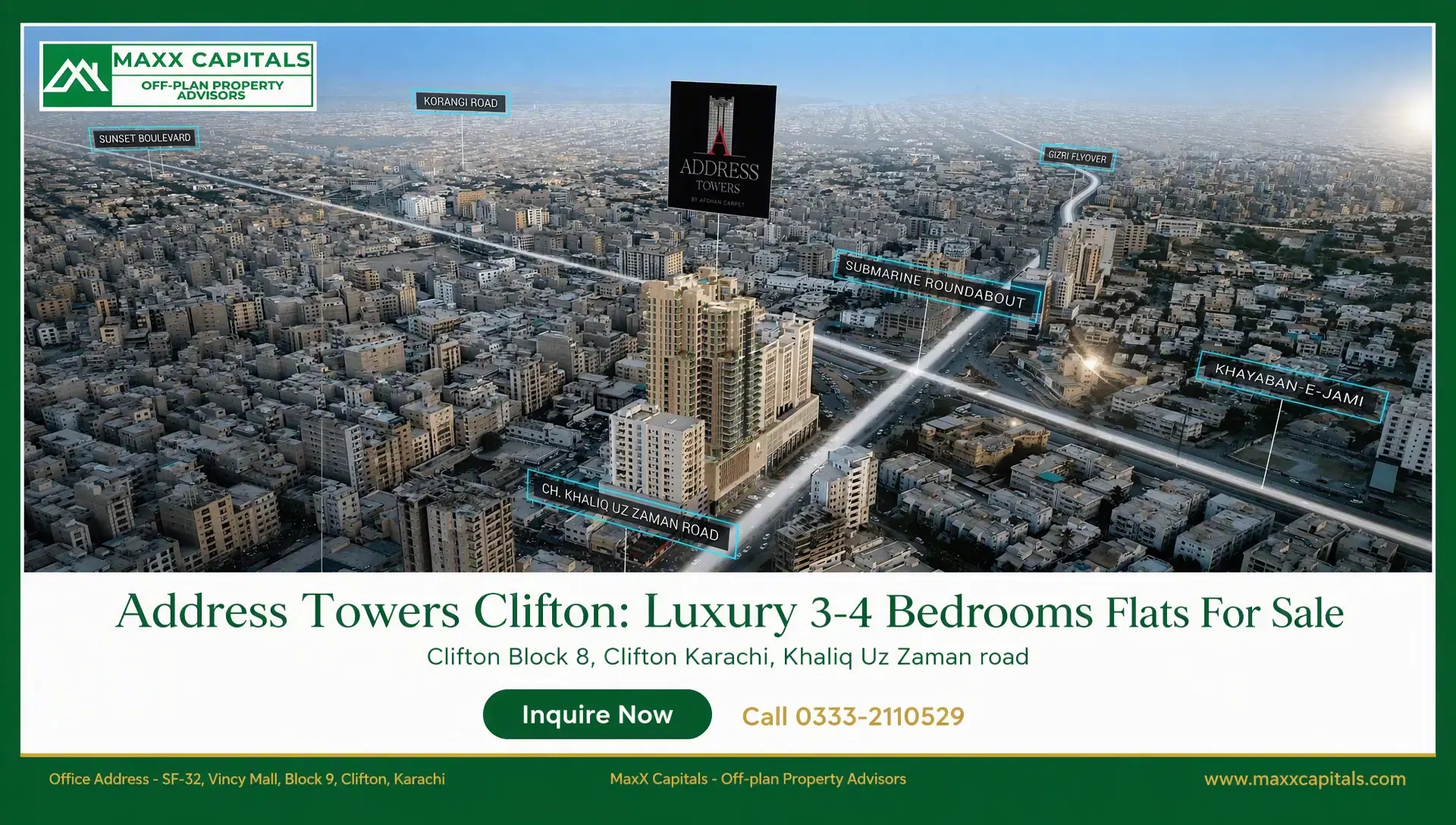 Address Towers Clifton: Luxury 3-4 Bedrooms Flats For Sale Address Towers Clifton high-rise towers rising over Clifton Karachi near Submarine Roundabout and Khaliq Uz Zaman Road