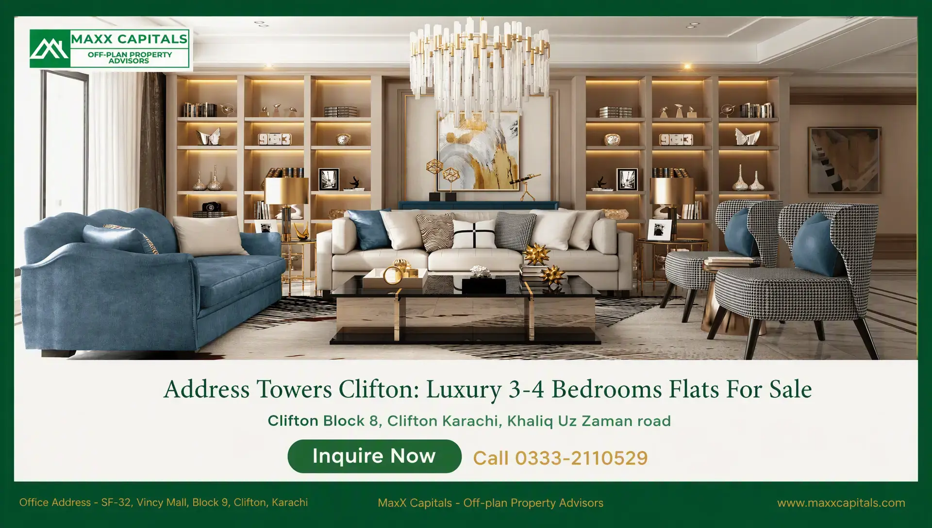 Address Towers Clifton: Luxury 3-4 Bedrooms Flats For Sale Address Towers Clifton luxury living room with built-in shelving, chandelier, and upholstered seating