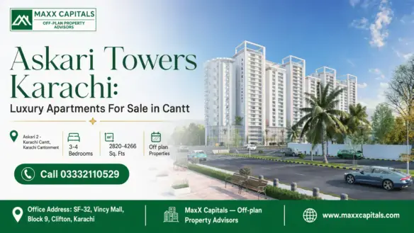 Modern High-Rise Luxury Apartments At Askari Towers Karachi In A Landscaped Environment With Palm Trees And Parking Area.