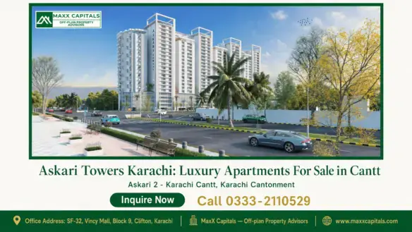 Modern high-rise towers of Askari Towers Karachi surrounded by landscaped greenery and a paved walkway in Cantt.