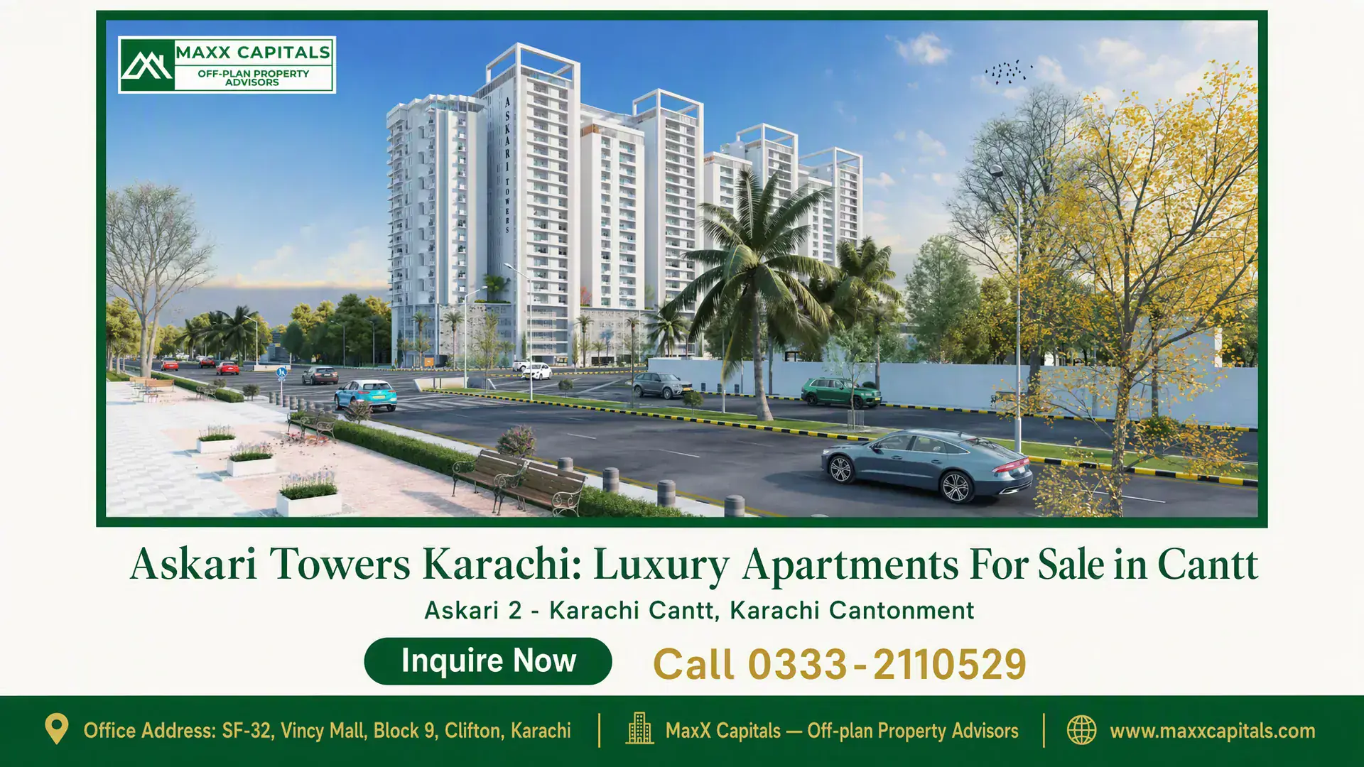 Askari Towers Karachi: Luxury Apartments For Sale in Cantt Modern high-rise towers of Askari Towers Karachi surrounded by landscaped greenery and a paved walkway in Cantt.