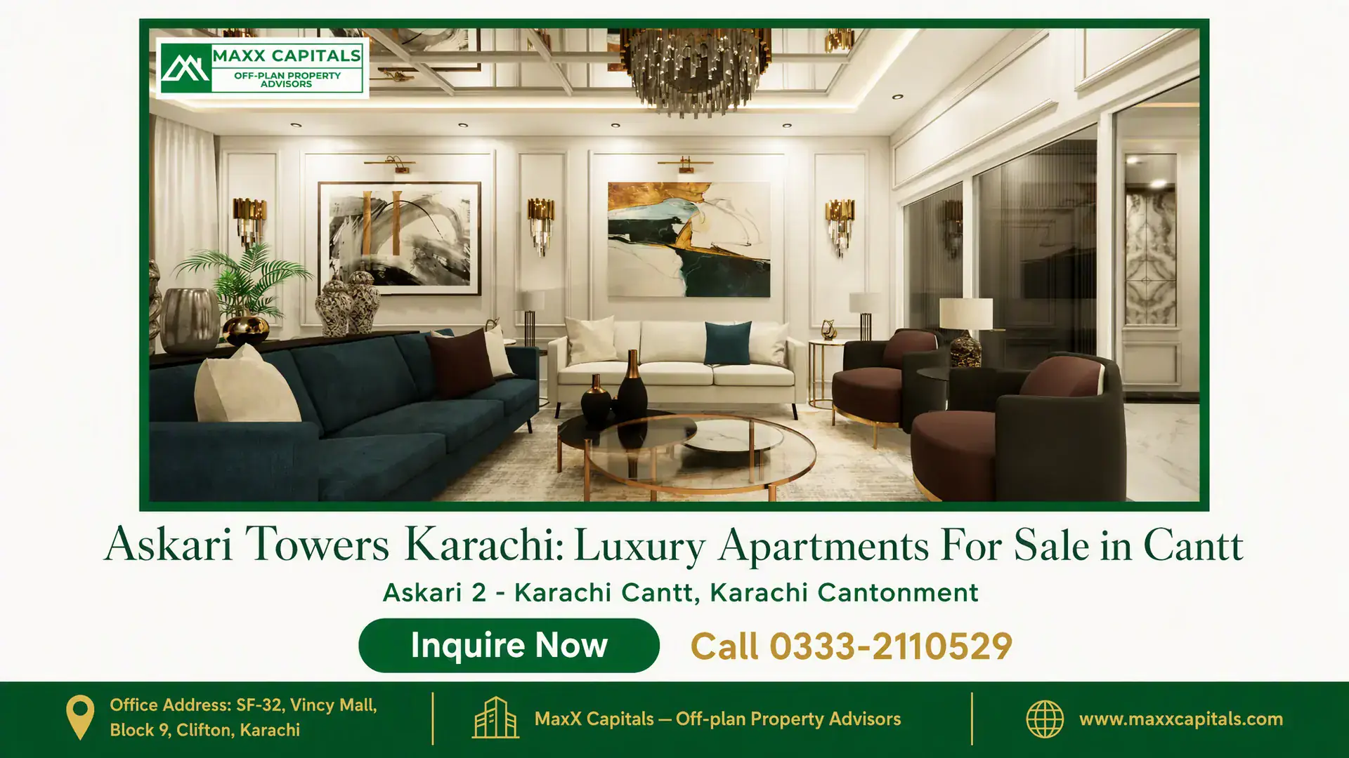 Askari Towers Karachi: Luxury Apartments For Sale in Cantt Luxurious living room at Askari Towers Karachi with contemporary furniture, elegant lighting, and abstract wall art.